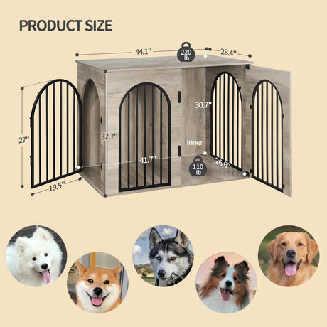 Hzuaneri 44.1" Dog Crate Furniture, Dog Kennel Indoor Arched Door Design, Wooden Dog Crate Furniture for Small/Medium/Large Dog, Side Table, TV Stand, Anti-Chew, Anti-Escape, Greige Black Hzuaneri