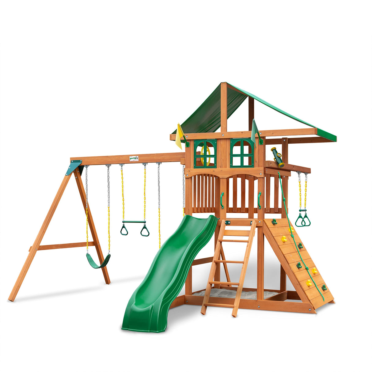 Gorilla Playsets 01-1080 Avalon Treehouse Wooden Swing Set with Oversized Green Vinyl Canopy Roof, Trapeze Arm, Climbing Wall, Ladder, Swings and Slide Gorilla Playsets