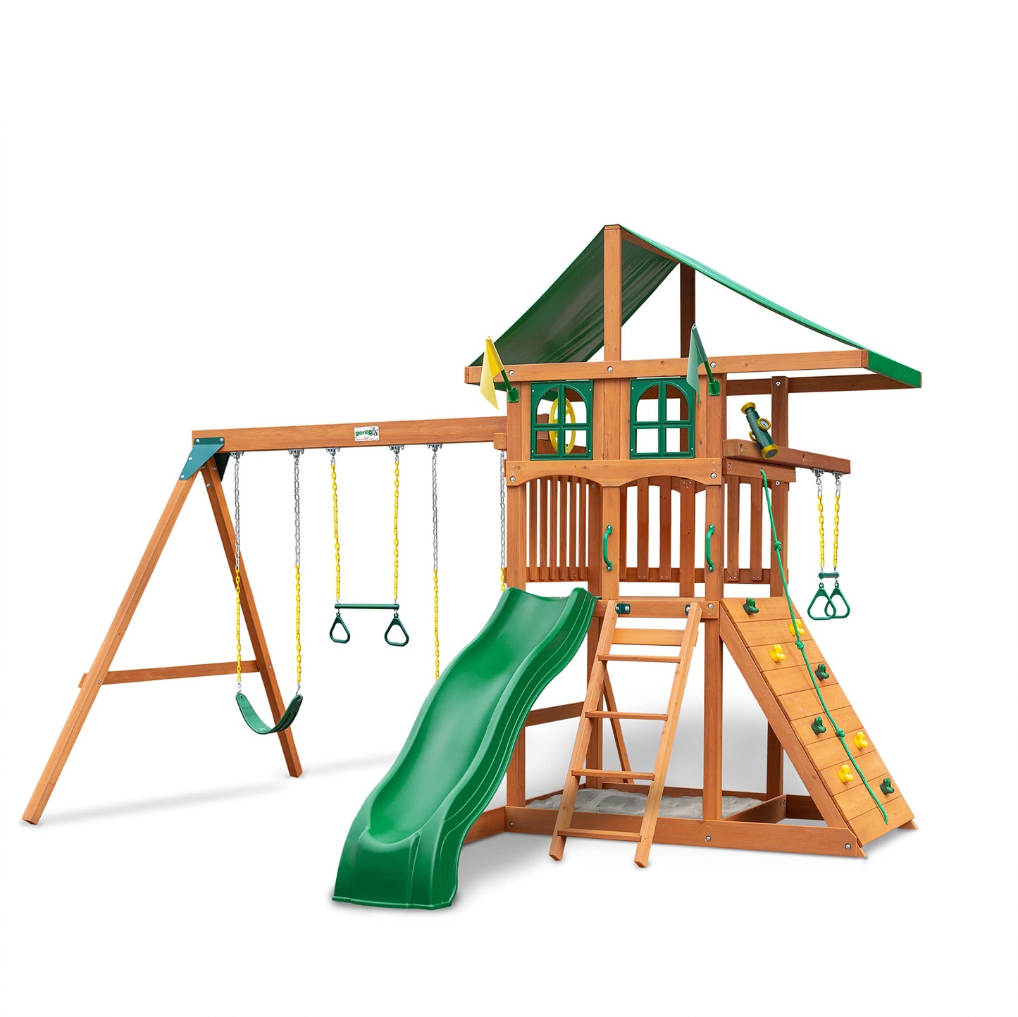 Gorilla Playsets 01-1080 Avalon Treehouse Wooden Swing Set with Oversized Green Vinyl Canopy Roof, Trapeze Arm, Climbing Wall, Ladder, Swings and Slide - WoodArtSupply