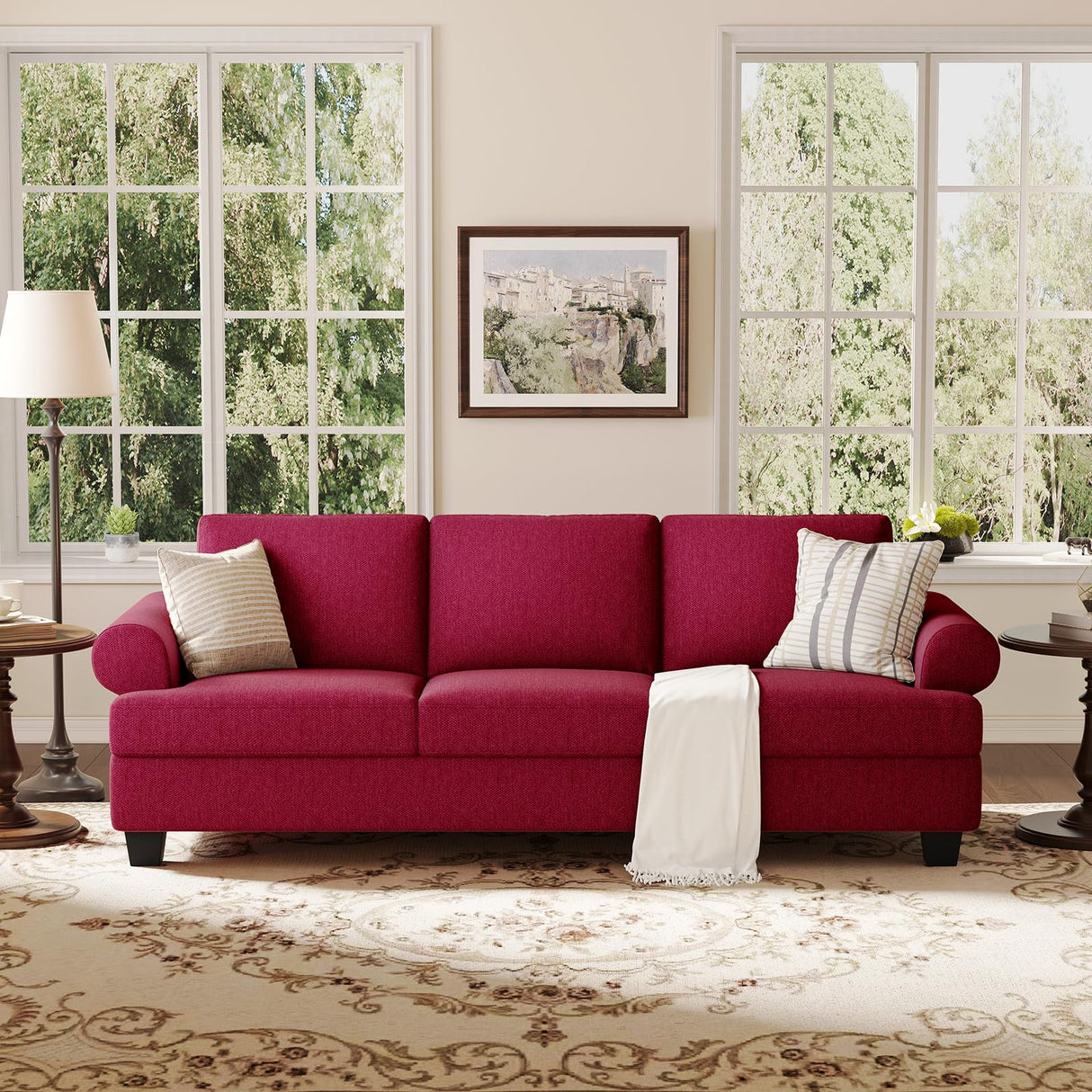 COPIAE 91 Inch Lawson Sofa with Extra Deep Seats Oversize, Mid-Century 3-Seat Sofa Couch, for Living Room, Apartment, Lounge, Red COPIAE