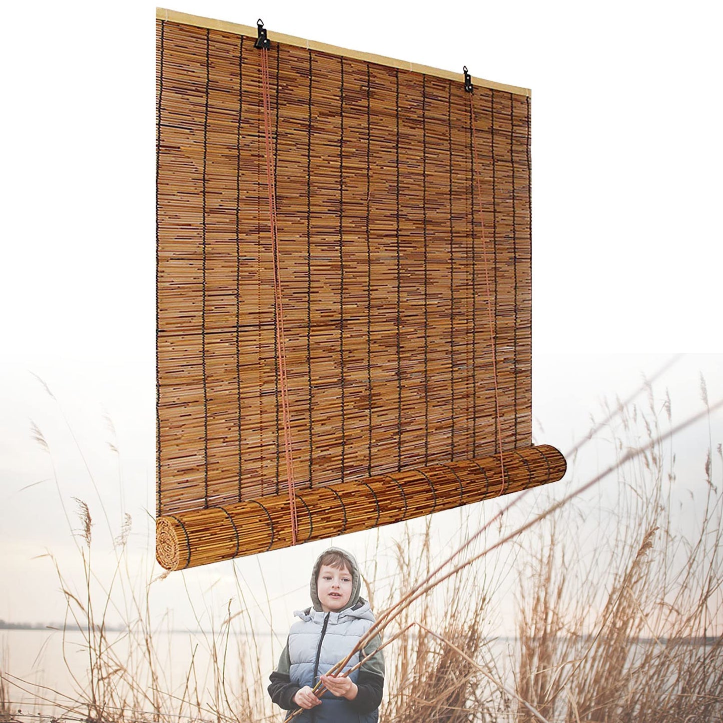 Outdoor Bamboo Shades for Patio Bamboo Roll Up Blinds, Bamboo Roll Up Shades Reed Shades Bamboo Roller Blinds Patio Shades Roll Up Outdoor for Indoor/Outdoor Privacy 30×59in（W×H） Brown