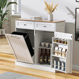 AHB 13 Gallon Tilt Out Trash Bin Cabinet with 2 Drawers, Adjustable Shelves,Kitchen Storage Cabinet with Garbage Bin Tilt Out Laundry Hamper for Kitchen, White AHB