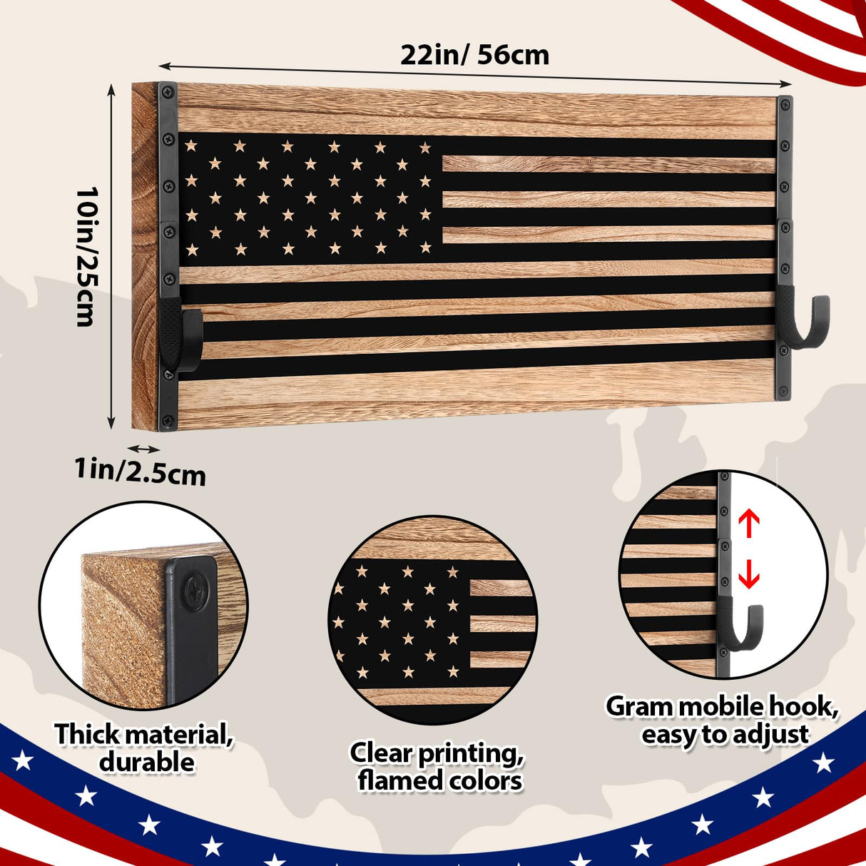 Weysat Wood American Flag Gun Rack Wall Mount with Adjustable Hooks 22 x 10 Inches Police Gear Rack Wall Mounted Rifle Display Case Gun Racks for Hunting Military Men, Law Enforcement Gifts Weysat