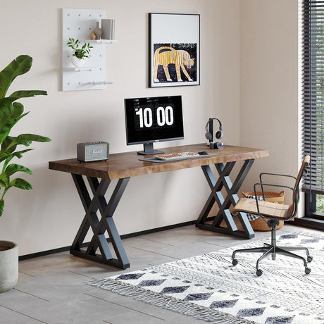 QZYJKJ Solid Wood Computer Desk Study Office Desk 55" Writing Desk, Modern Simple Style PC Table, Black Metal Frame, Solid Wood Planks 55" D x 27" W x 29" H for Home Office Bedroom,Rustic Brown QZYJKJ