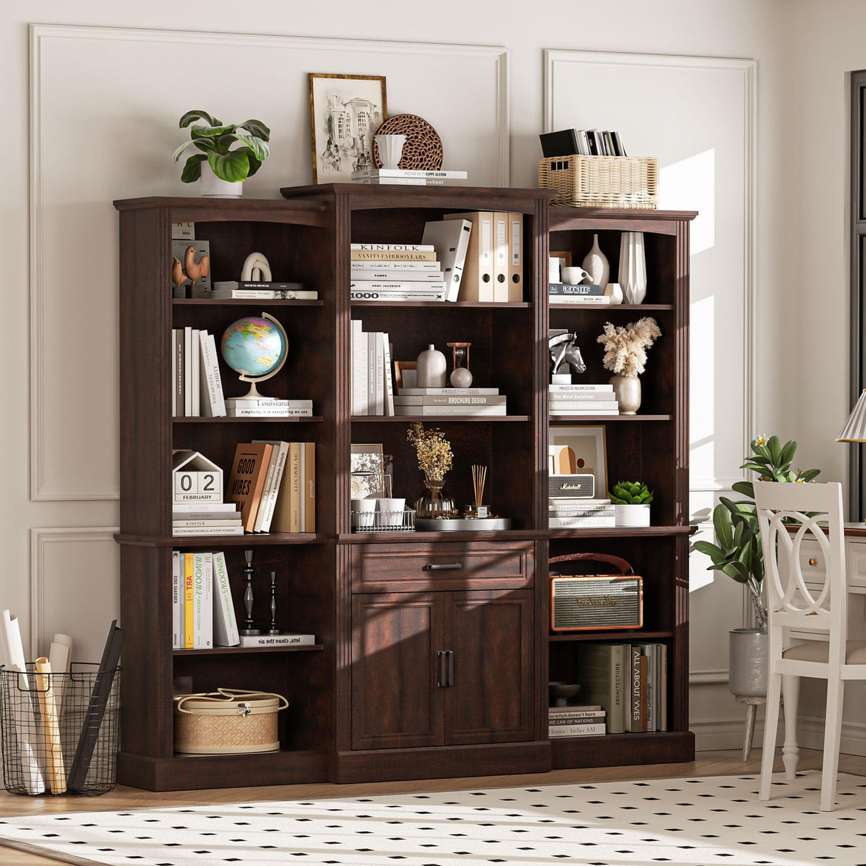 Spurgehom 70" Tall Bookshelves and Bookcases with Doors Large Bookshelf with Drawers, Farmhouse Bookcase with Storage Cabinet, Standing Display Storage Bookshelf for Home Office, Brown Spurgehom