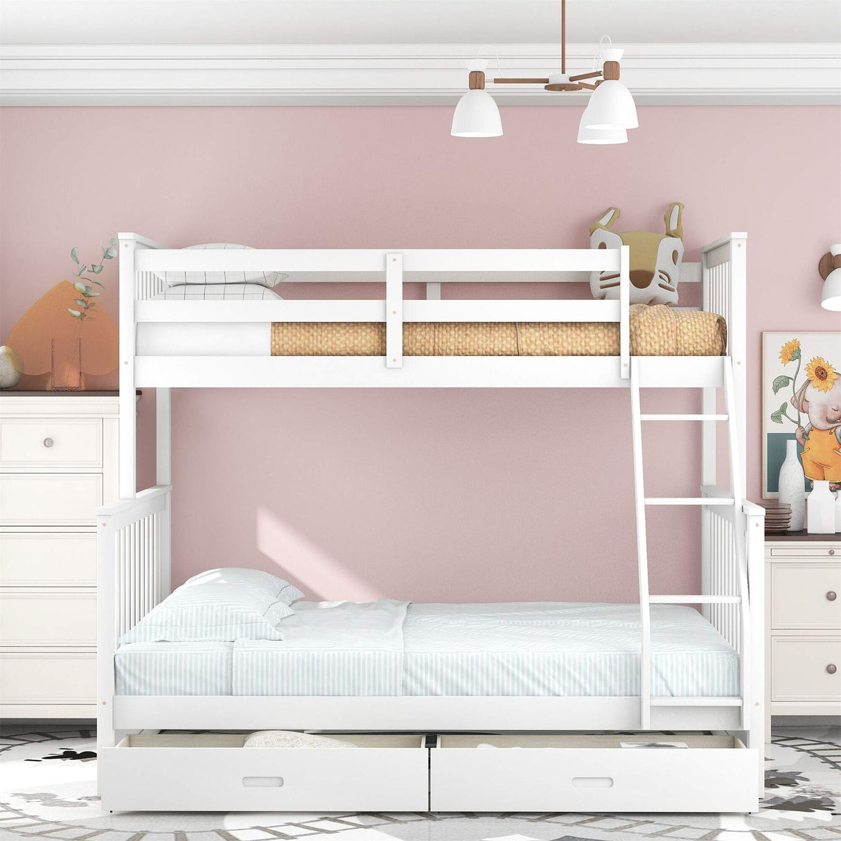 Harper & Bright Designs Twin Over Full Bunk Bed with Storage Drawers in White Harper & Bright Designs