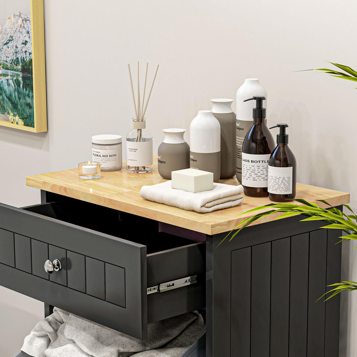 HOMCOM Kitchen Tilt Out Trash Bin Cabinet Free Standing Recycling Cabinet Trash Can Holder with Drawer, Black HOMCOM