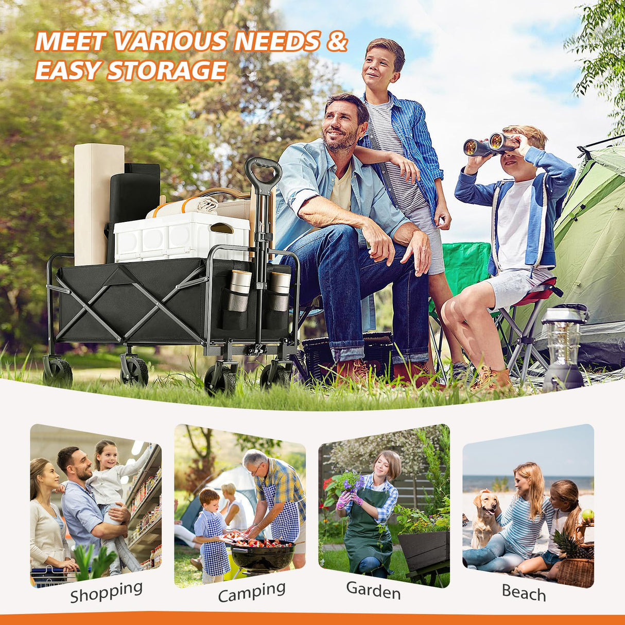 Sweetcrispy Collapsible Foldable Wagon Cart, Large Capacity Garden Beach Cart with All-Terrain Wheels, Heavy Duty Utility Grocery Wagon with Drink Holders for Shopping Sports Camping - 30IN Black Sweetcrispy