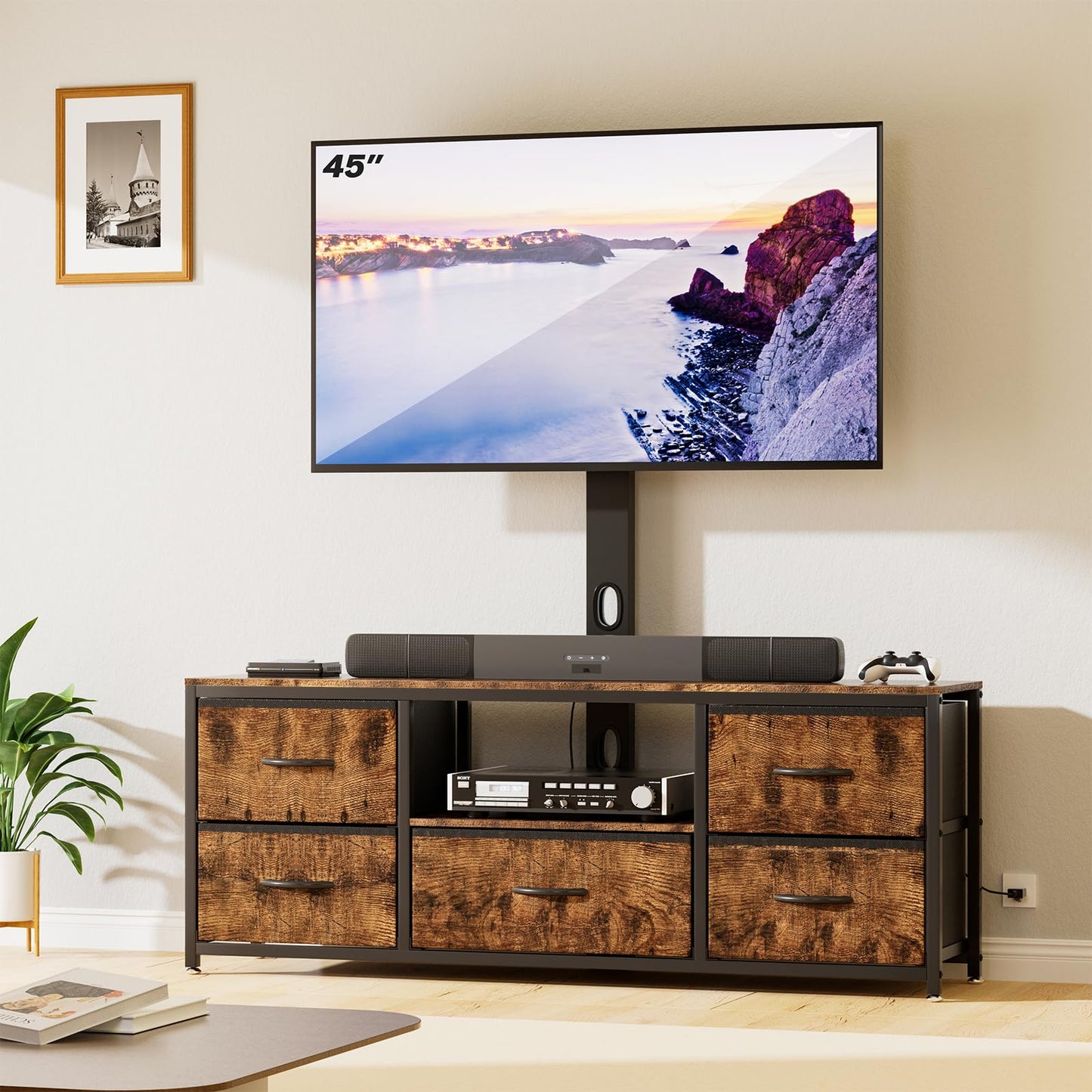 MJOMKN TV Stand with Mount and Fabric Drawers, Swivel TV Stand Mount for 32/40/55/60/65/70 inch TVs, Entertainment Center with Power Outlet and Storage for Living Room, Bedroom, Rustic Brown