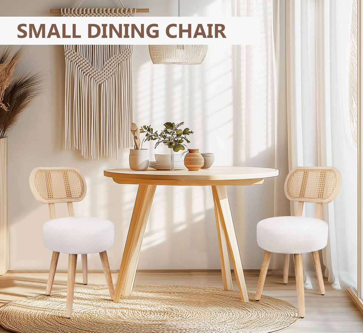 Rattan Dining Chair, Kitchen Dining Room Chairs, Mid Century Modern Boucle Chair, Stylish Upholstered Wood Accent Chair, Cute Sherpa Chair, Living Room Bar Stool Chair, Boho Makeup Vanity Chair, 1 Pc ZYBT