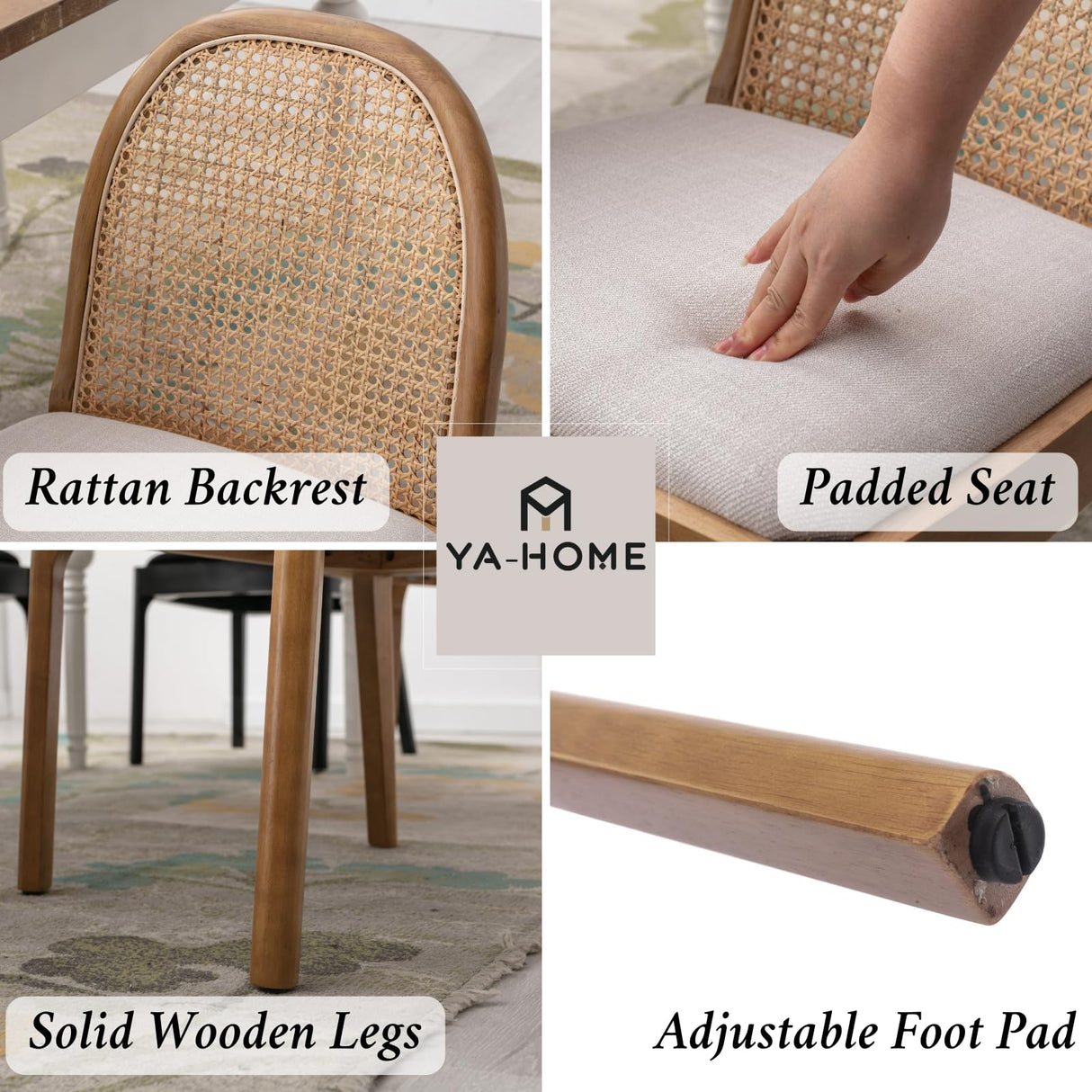 Ya-Home Mid Century Dining Chairs Set of 4, Accent Rattan Linen Fabric Side Chairs Kitchen Chair with Solid Wooden Legs for Living Room Dining Room, Beige Ya-Home