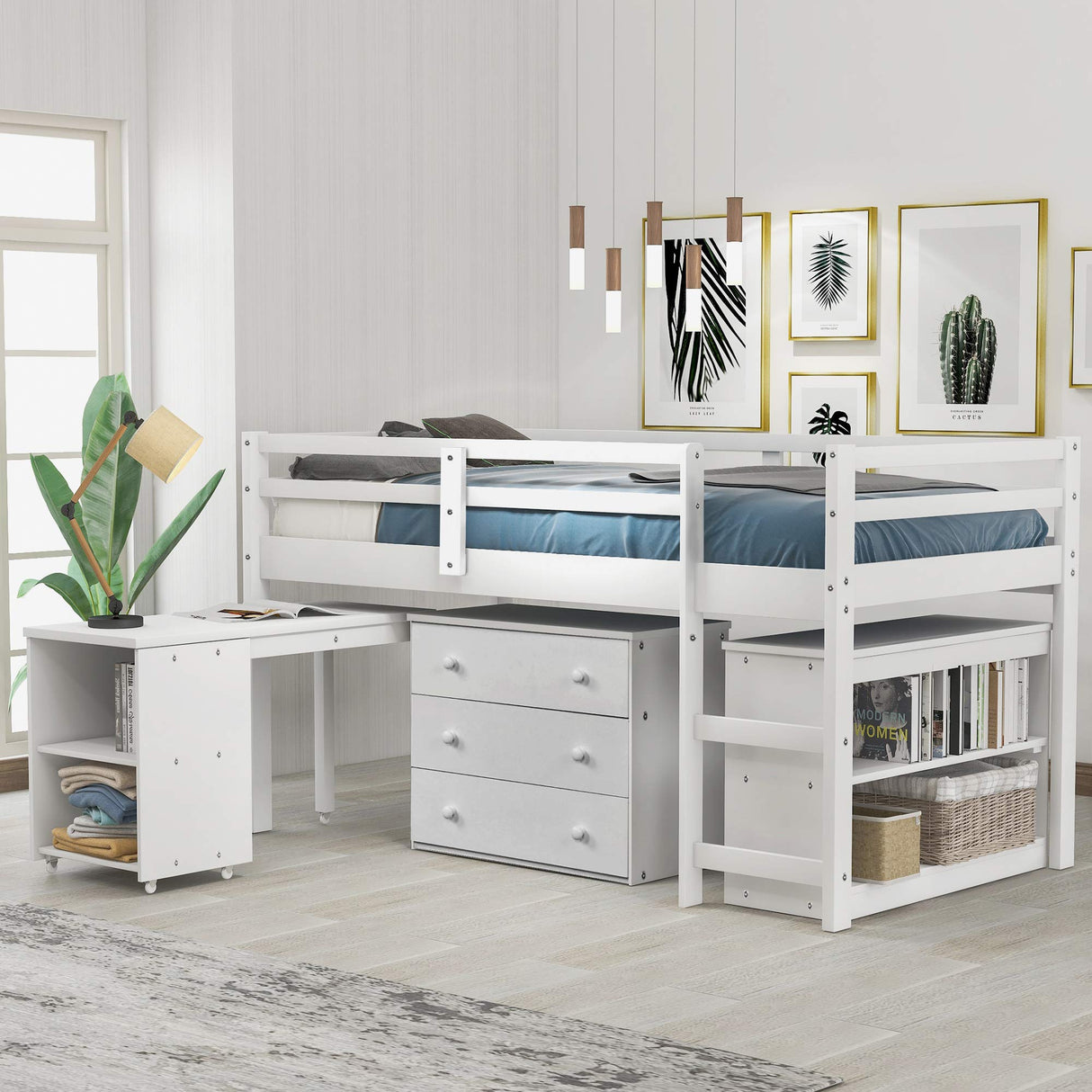 Twin Loft Bed with Desk Low Study Kids Twin Loft Bed with Storage Drawers, Low Loft Bed Twin for Kids Twin Loft Bed with Safety Guard Rails and Bookcase Shelf (White, Twin Loft with Desk) Harper & Bright Designs