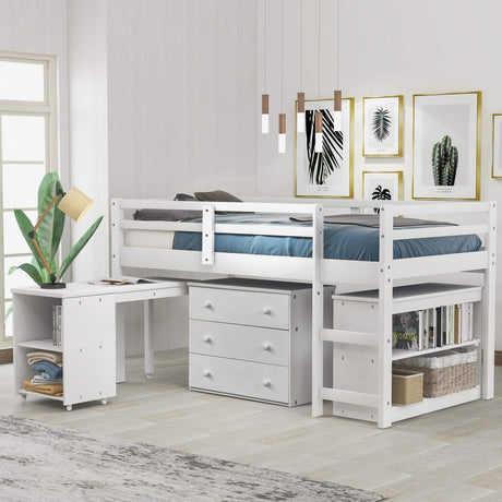 Twin Loft Bed with Desk Low Study Kids Twin Loft Bed with Storage Drawers, Low Loft Bed Twin for Kids Twin Loft Bed with Safety Guard Rails and Bookcase Shelf (White, Twin Loft with Desk) Harper & Bright Designs