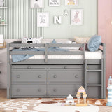 Kids Full Low Loft Bed with Storage, Full Size Loft Bed with Portable Desk and 4 Drawers, Wood Full Loft Bed with Shelves, Modern Farmhouse Junior Loft Bed for Kids Boys Girls, Gray Harper & Bright Designs
