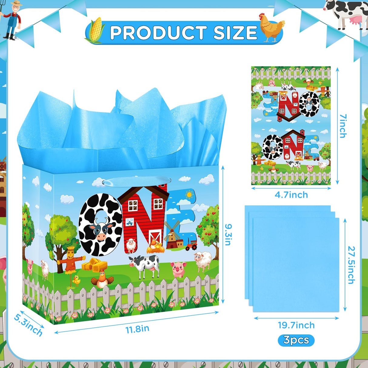 Farm Animals 1st Birthday Decorations Farmhouse Barnyard First Birthday Gift Bag with Tissue Papers Card One Birthday Wrapping Paper Bag for Kids Newborn 1st Birthday Baby Shower Christmas Party Innovoscape