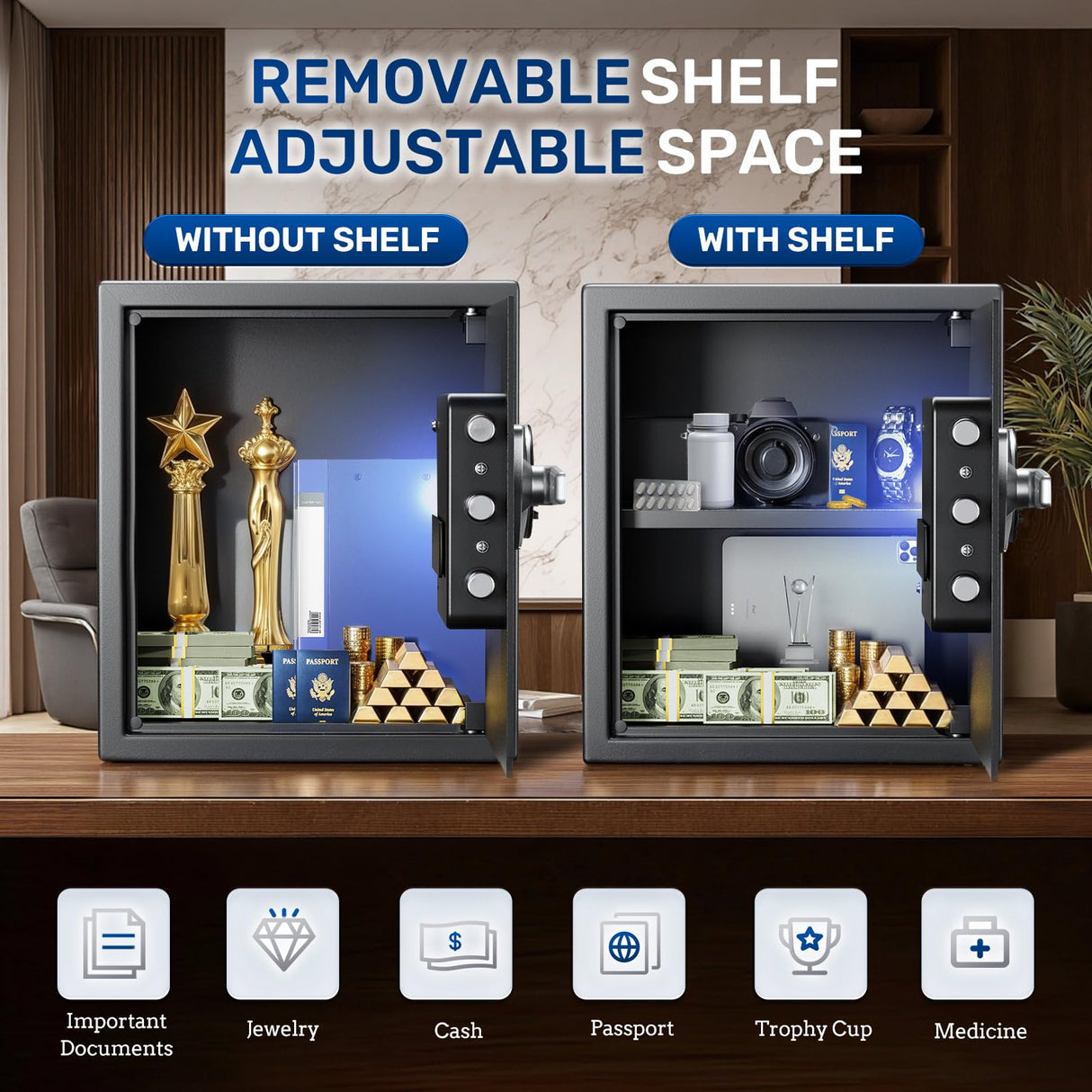 BlackSmith Biometric Handgun Safe 1.8 Cubic Feet Home Safe Quick Access Fingerprint Security Lock Box for Money Firearm Valuables with Dual Alarm System Fireproof Bag and Removable Shelf BlackSmith