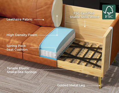Vesgantti Leathaire Couch Loveseat Sofa, 73" Mid-Century Modern Couch with Deep Seat Comfort Cushions, Small Sofa Couches for Living Room, Bedroom, Office, Apartment, Tool-Free Assembly, Orange