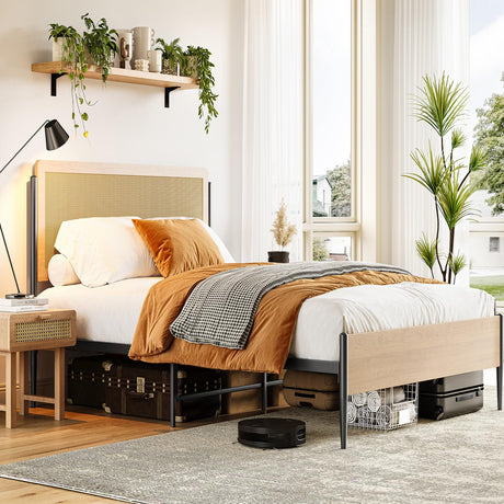 GAOMON Queen Bed Frame with Rattan Headboard, Boho Style Platform Bed Frame with Underbed Storage, Mattress Foundation Easy Assembly No Box Spring Needed GAOMON