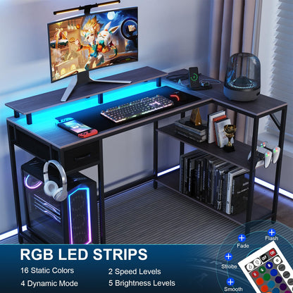 47 Inch L Shaped Gaming Desk with Drawers & Shelves, Reversible Computer Corner Desk with Power Outlet and LED Light for Home Office Bedroom, L-Shaped Teen PC Gaming Desks with Hook & Monitor Stand