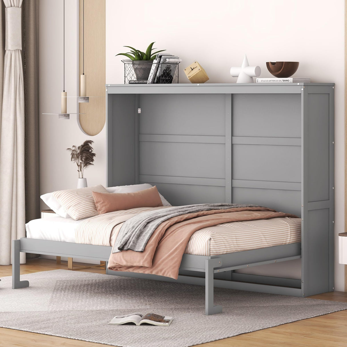Merax ModernMurphy Cabinet Bed, Solid Wood Wall Platform Bed/No Box Spring Needed/Easy Assemble/Full,Gray Merax