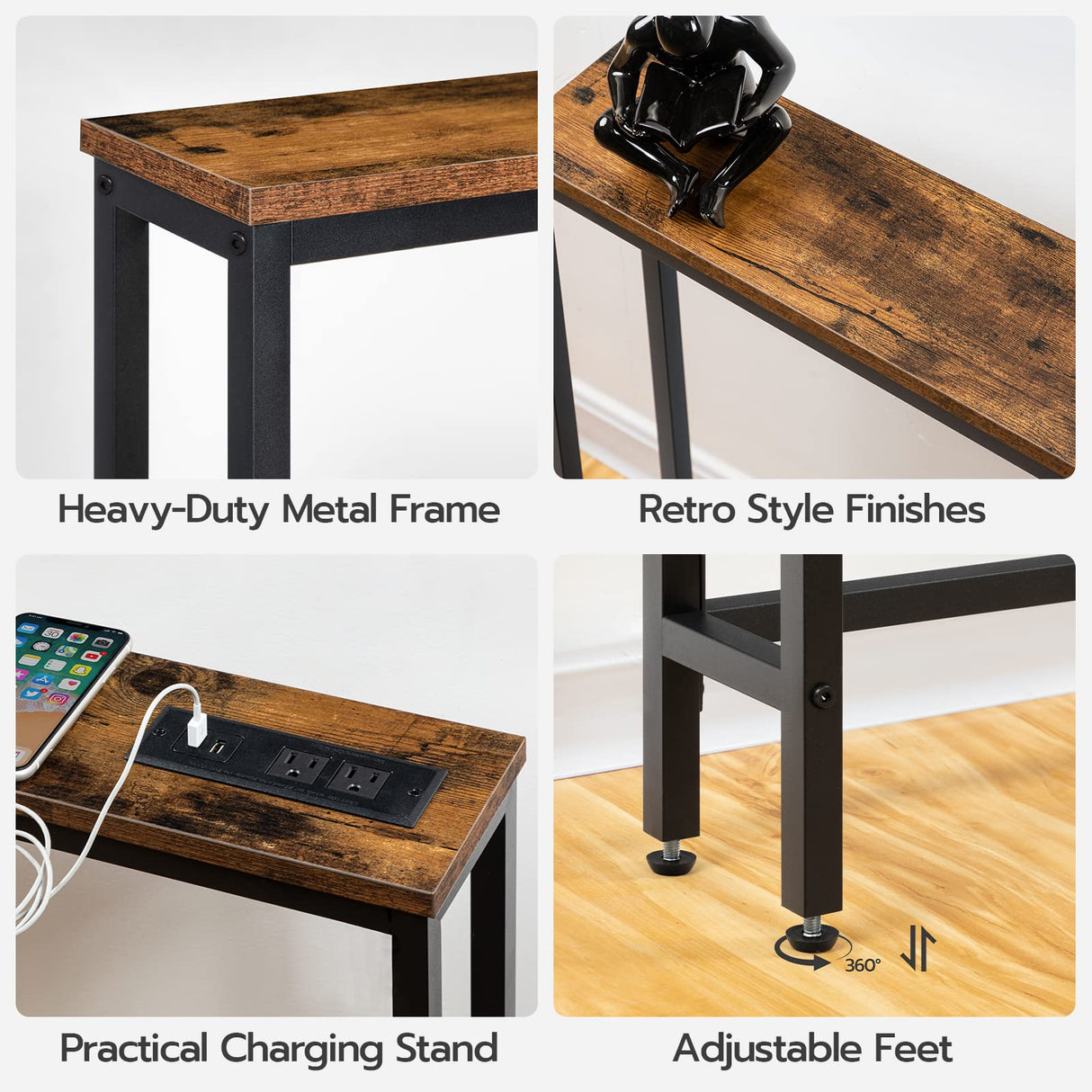 HOOBRO 47.2" Skinny Console Table with Power Outlets and USB Ports, Table with Charging Station, Narrow Sofa Table, Behind Couch Table, for Entryway, Hallway, Foyer, Rustic Brown BF15XG01G1 HOOBRO