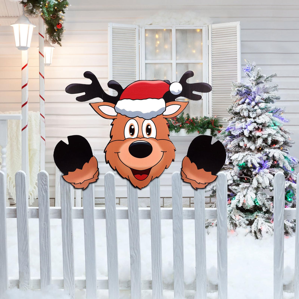 Christmas Fence Peeker Decoration, Over The Fence Holiday Outdoor Yard Reindeer Peeker for Garden Fence PEUTIER