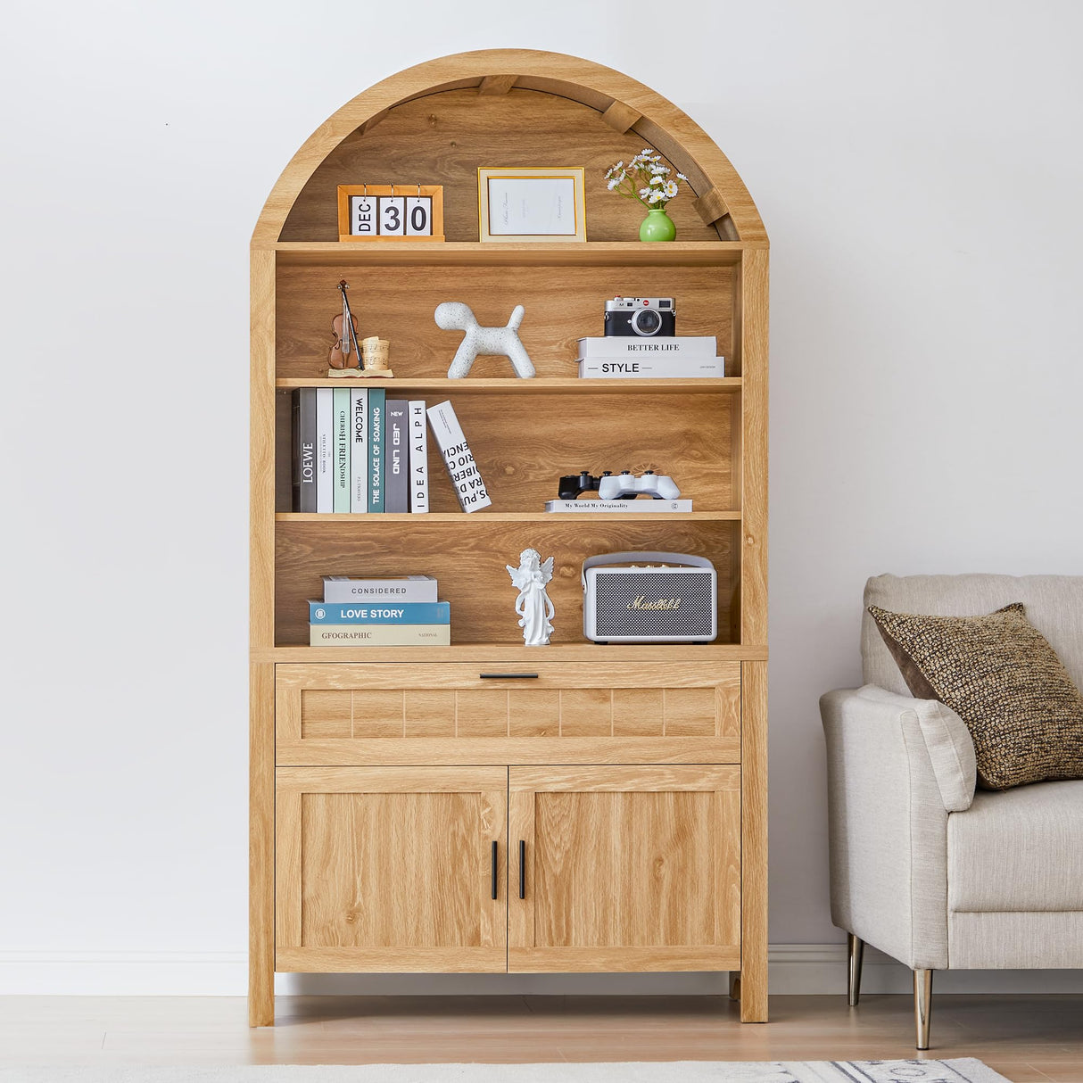 Turtle&Myrtle 73" H Large Arched Bookshelf，5-Tier Arch Bookcase with Doors，Mid Century Modern Book Shelf with Drawers，Wood Bookshelf w/Open Display Shelves for Living Room, Office (Natural) Turtle&Myrtle