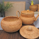 Round Rattan Basket Box with Lid Hand-Woven Wicker Basket Bin Multi-Purpose Wicker Tray 6.3Inch Picnic Food Bread Storage Basket (16x13cm) Lilacooqinn