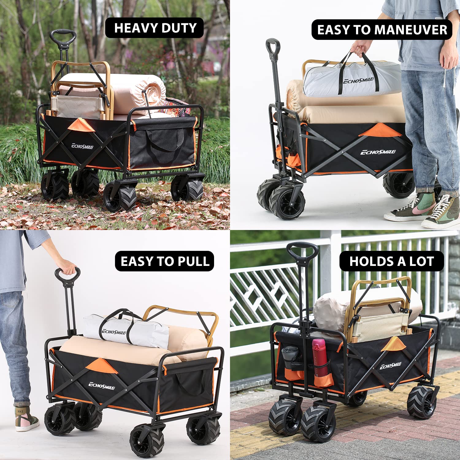 EchoSmile Heavy Duty 350 Lbs Capacity Collapsible Wagon, Outdoor Folding Camping Grocery Portable Utility Cart, Adjustable Rolling Carts, All Terrain Sports Beach Wagon with Big Wheels - WoodArtSupply