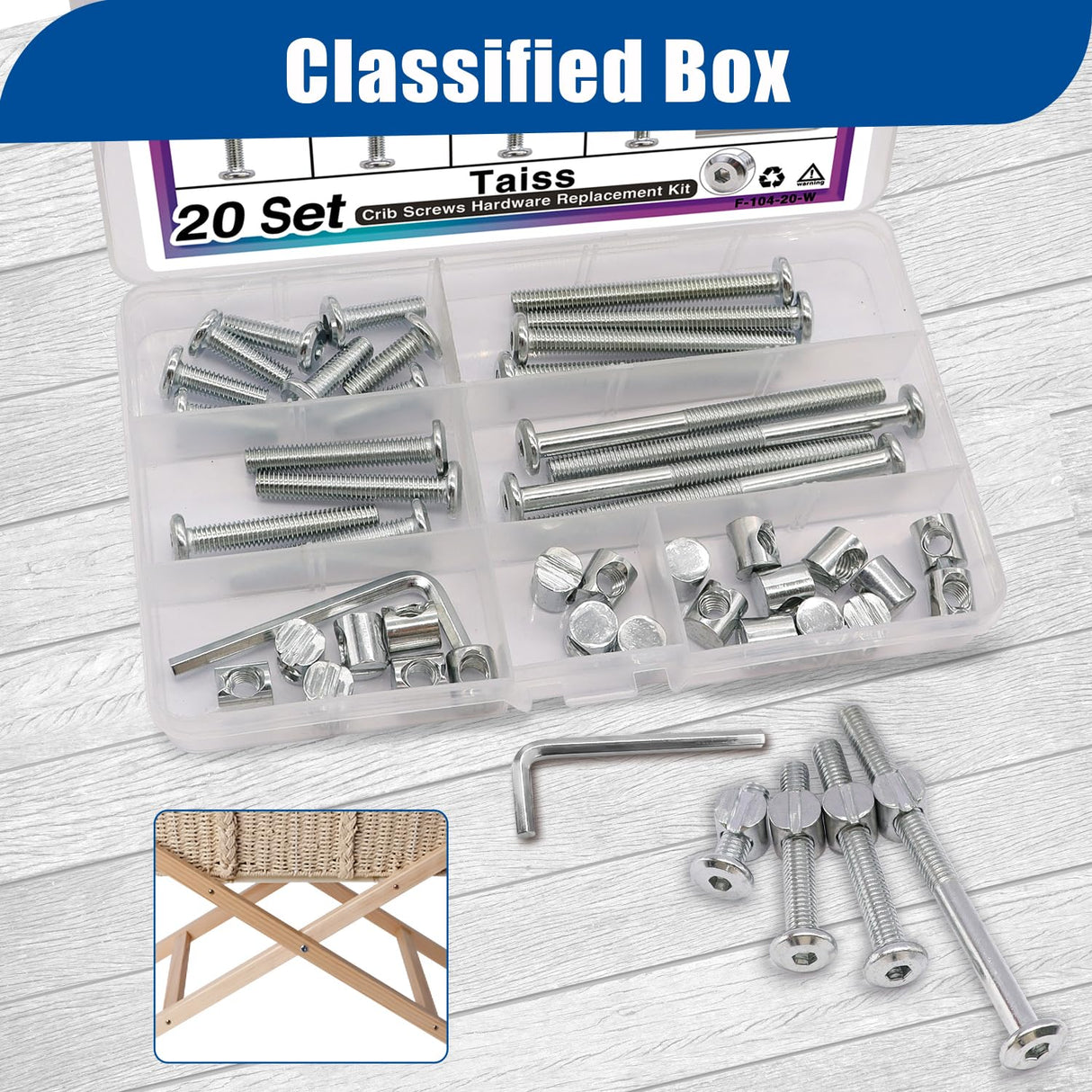 Taiss 20 Set Crib Screws M6x20mm/40mm/60mm/80mm Baby Bed Crib Screws Hardware Replacement Kit,Bunk Bed Bolts Hex Socket Cap Screws Bolt with Barrel Nuts/Wrenches for Beds Furniture Headboards Taiss