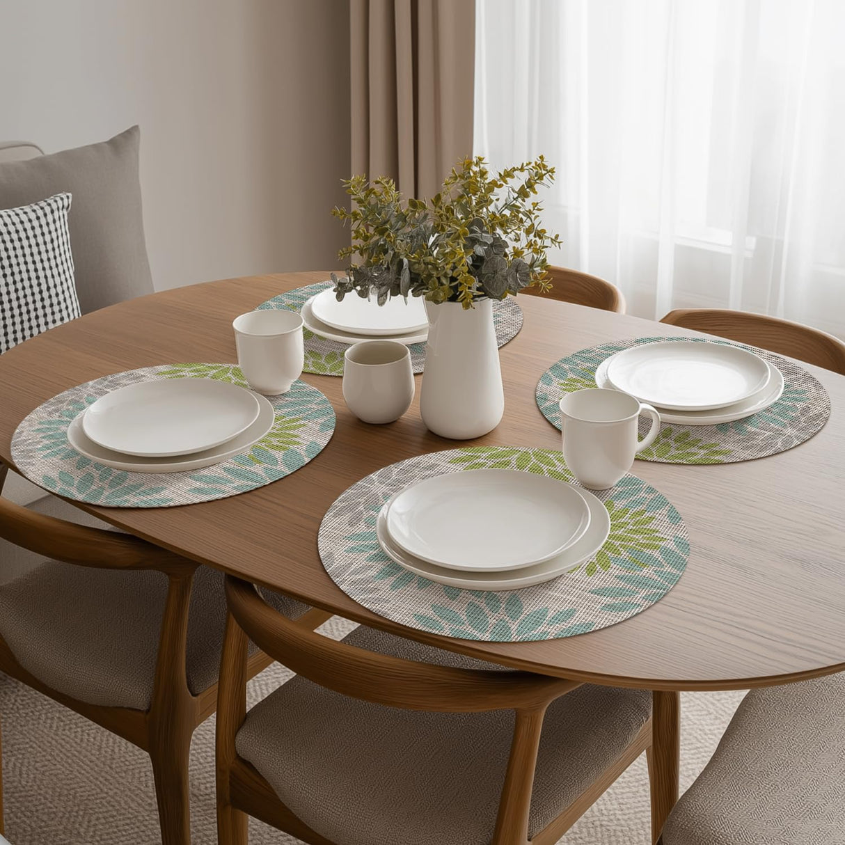 Artoid Mode Light Green Dahlia Plastic Round Placemats Set of 4, 14 Inch Seasonal Wipeable Woven Vinyl Table Mats for Farmhouse Party Kitchen Dining Decor Artoid Mode