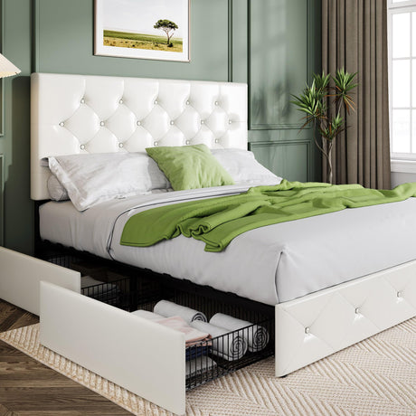 Allewie Upholstered Full Size Platform Bed Frame with 4 Storage Drawers and Headboard, Diamond Stitched Button Tufted, Mattress Foundation with Wooden Slats Support, No Box Spring Needed, White Allewie