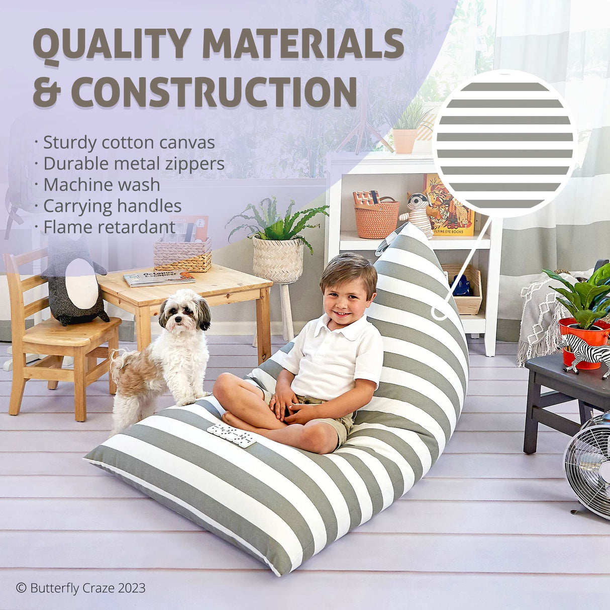 Butterfly Craze Bean Bag Chair Cover, Functional Toddler Toy Organizer, Fill with Stuffed Animals to Create a Jumbo, Comfy Floor Lounger for Boys or Girls, Stuffing Not Included, Grey Stripe Butterfly Craze