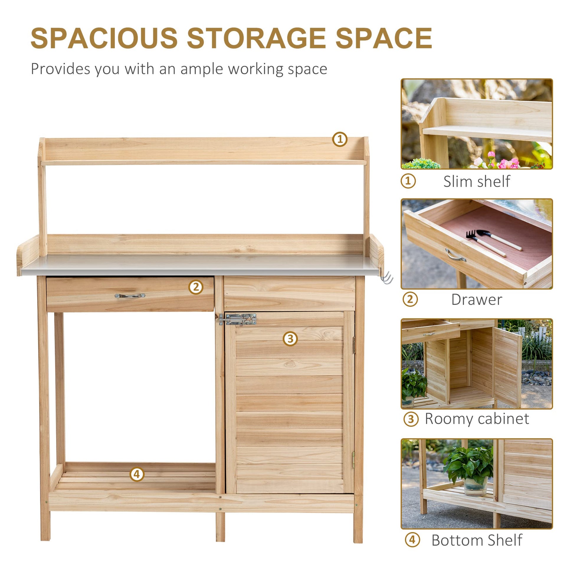 Outsunny Outdoor Potting Bench Table, Garden Work Station with Storage Cabinet, Open Shelf and Steel Tabletop, Natural - WoodArtSupply