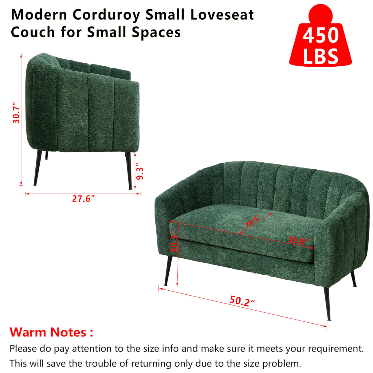 OIKIIWOO 50.2" Small Sofa Couch for Small Spaces,Modern Corduroy Loveseat Couches,Oval 2 Seater Sofas Love Seat with Metal Legs for Apartment,Bedroom,RV. (Green, 50.2") OIKIIWOO