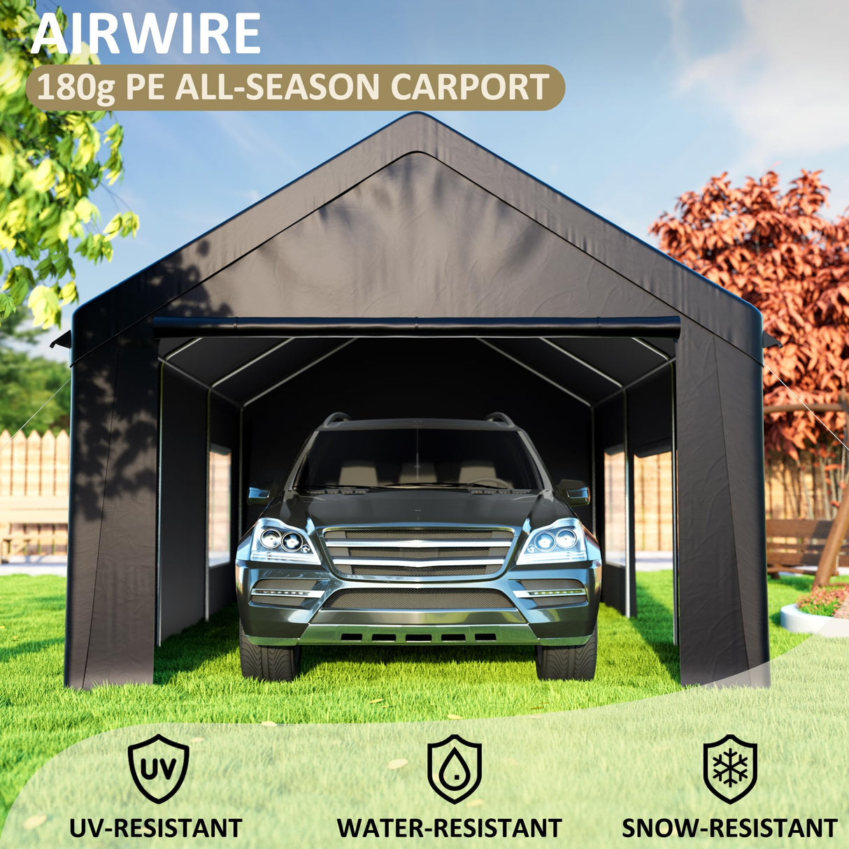 AirWire Carport 12' x 20' Heavy Duty Portable Garage, Carport Canopy with Side-Opening Door & Roll-Up Windows, Car Canopy Reinforced Four-Hole Base for Car, Truck, Boat, Party, Black AirWire