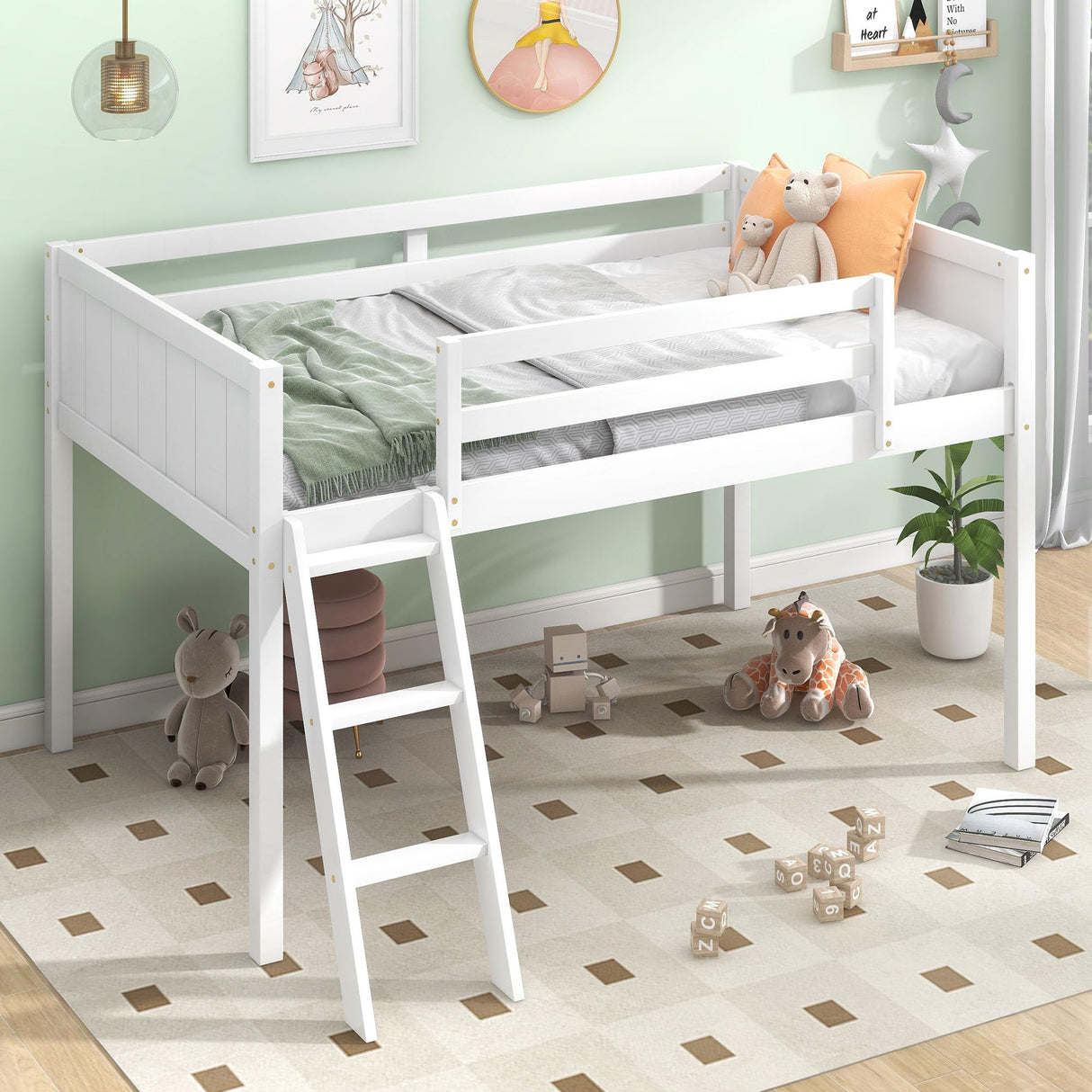 Harper & Bright Designs Kids Twin Low Loft Bed, Twin Size Loft Bed with Ladder & Safety Guardrails, Wood Junior Loft Bed Frame for Kids Girls, Boys, Teens, White Harper & Bright Designs
