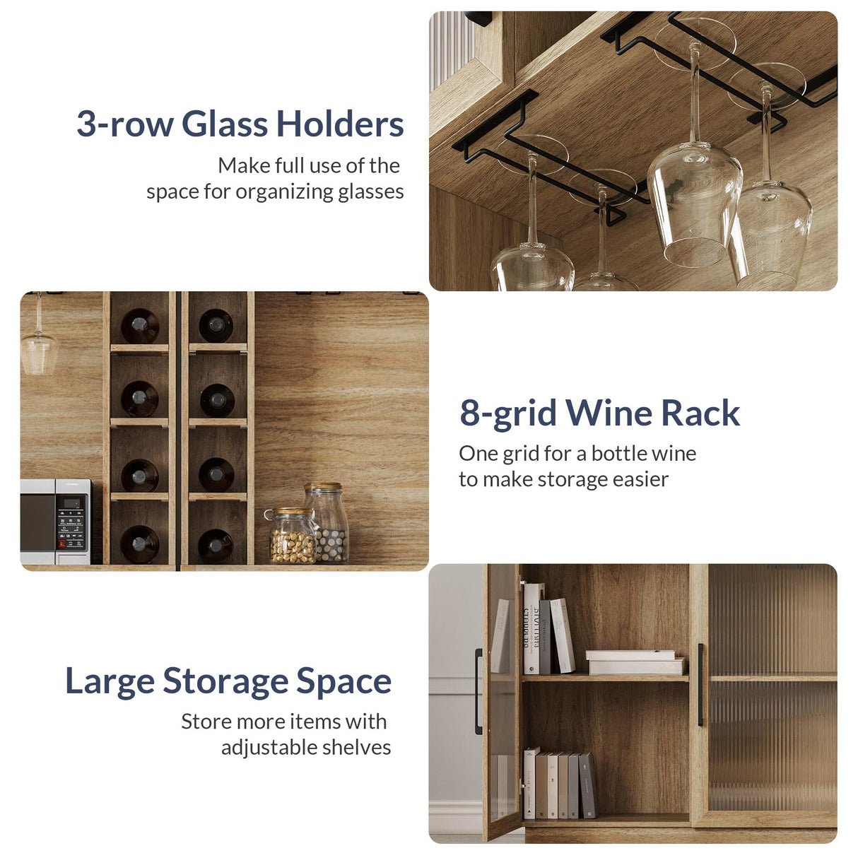 BELLEZE Coffee Wine Bar Cabinet with Power Outlet, 72" Rustic Liquor Cabinet, Tall Fluted Buffet Cabinet with Storage Kitchen Pantry Cupboard Wine& Glasses Rack Server with Hutch for Home Dining Room, BELLEZE