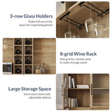 BELLEZE Coffee Wine Bar Cabinet with Power Outlet, 72" Rustic Liquor Cabinet, Tall Fluted Buffet Cabinet with Storage Kitchen Pantry Cupboard Wine& Glasses Rack Server with Hutch for Home Dining Room, BELLEZE