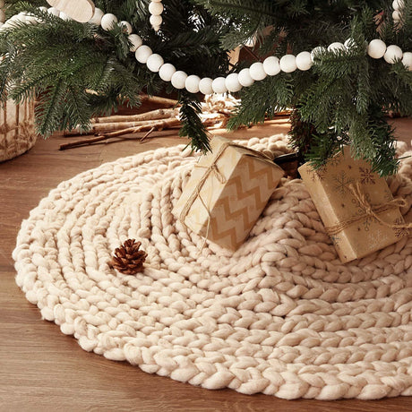 LimBridge Knitted Christmas Tree Skirt: 36 Inches Crochet Beige Tree Skirt, Chunky Knit Thick Rustic Christmas Tree Decorations, Farmhouse Christmas Decor Xmas Holiday Home Party Decorations LimBridge