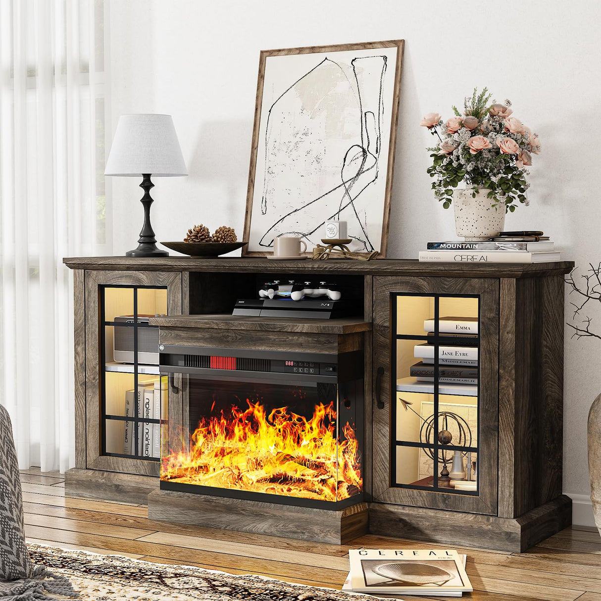 oneinmil 59'' Fireplace TV Stand, 3 Sided Glass Media Entertainment Center Console Table for TVs up to 65'' with Glass Door Adjustable Flame LED Color for Living Room, Set of TV Table, Grey oneinmil