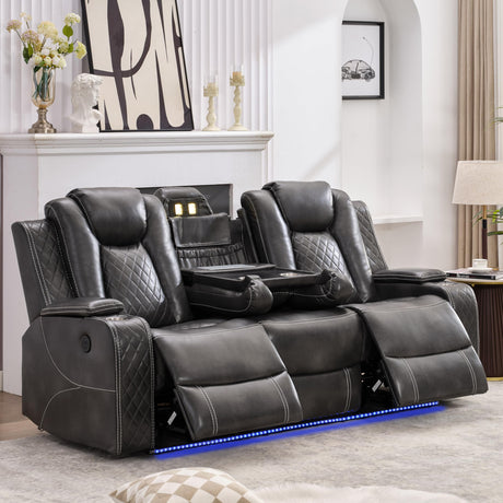 Power Reclining Sofa Couch with Wireless Charger, 3 Seaters with Recliner with Reading Light, Leather Electric 3 Seat Sofa Sectional Set for Living Room, Home Theater Seating with LED Lights, Grey Comfort Stretch