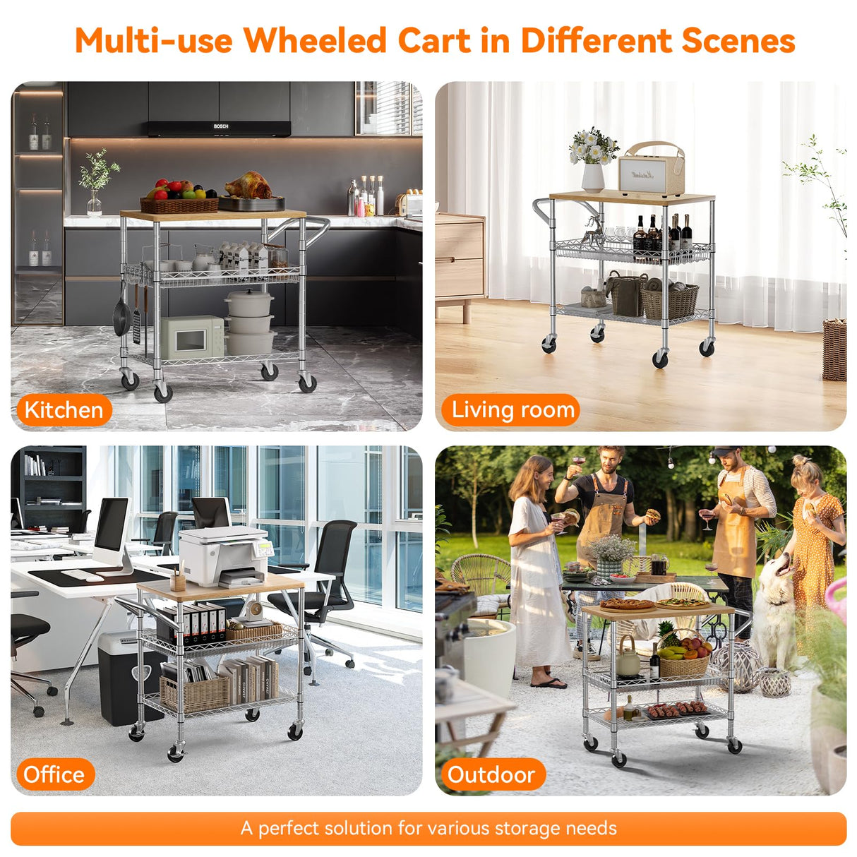 3 Tier Rolling Kitchen Carts on Wheels with Storage,650Lbs Heavy Duty Utility Carts with Wheels,Kitchen Island with Wood Tabletop,Metal Serving Rolling Cart for Small Appliance Food Cart,Wood+Metal BolDuck