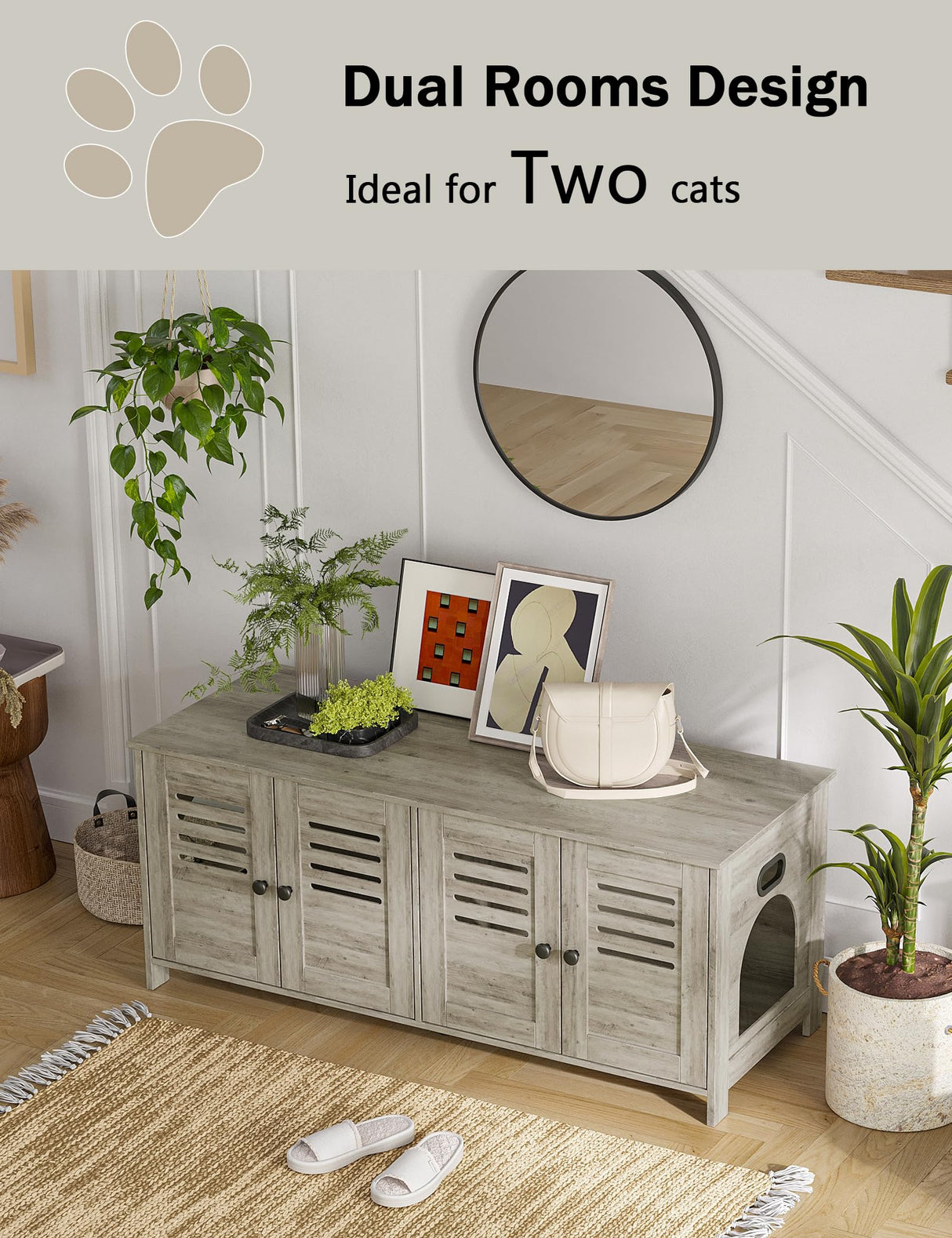 DINZI LVJ Litter Box Enclosure for 2 Cats, Hidden Litter Box Furniture with Double Rooms, Dual Cat Litter House, Front Doors, 47.2" Wooden Hidden Cat Washroom, Side End Table, TV Stand, Gray Wash DINZI LVJ