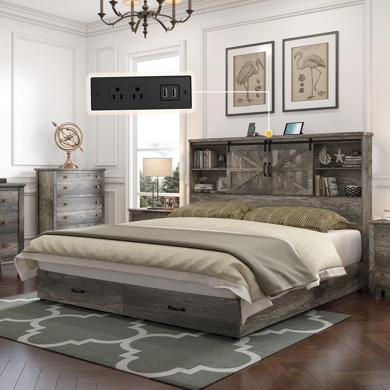 HOWE Rustic Grey King Size Wood Platform Bed with Bookcase Headboard and Barn Door Storage - WoodArtSupply