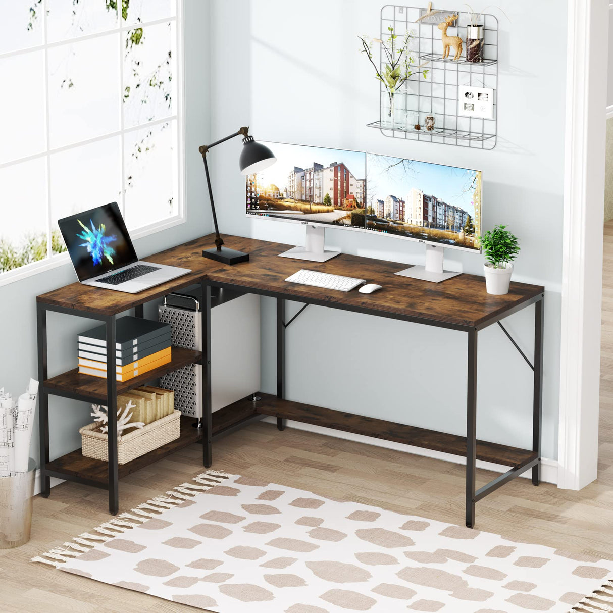 Tribesigns L Shaped Desk with Storage Shelves, Reversible Computer Desk Gaming Desk for Home Office Workstation, Rustic Brown Tribesigns
