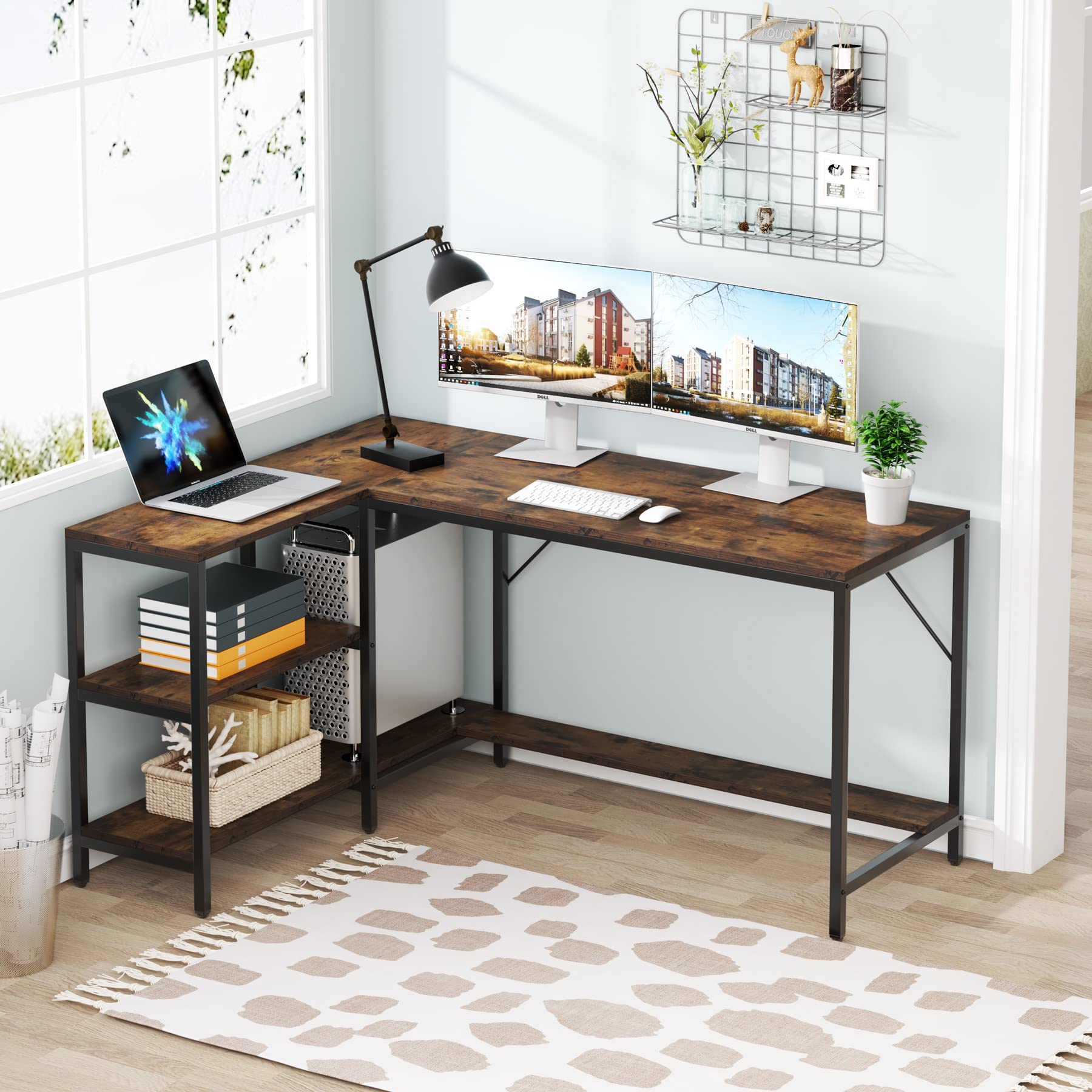 Tribesigns L Shaped Desk with Storage Shelves, Reversible Computer Desk Gaming Desk for Home Office Workstation, Rustic Brown - WoodArtSupply