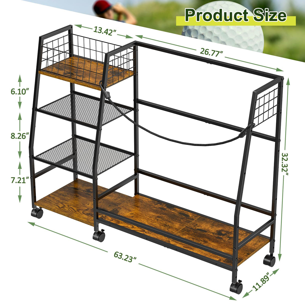 Golf Bag Storage Rack for Garage with Wheels, Organizer for 2 Golf Bag and Equipment Accessories, Golf Organizer Stand Ideal for Home, Garage, Club, Shed, Basement - Sturdy and Durable (Black) DAOUTIME