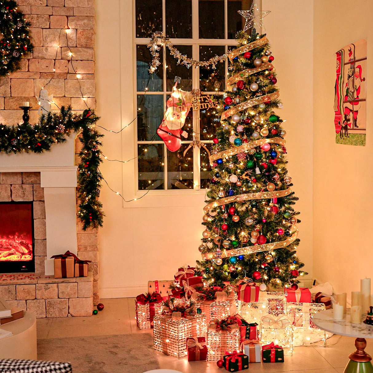 Hykolity 7.5 ft Prelit Artificial Pencil Slim Christmas Pine Tree with 792 PVC Branch Tips, 300 Warm White LED Lights, Metal Stand and Hinged Branches, Perfect for Home, Decoration hykolity