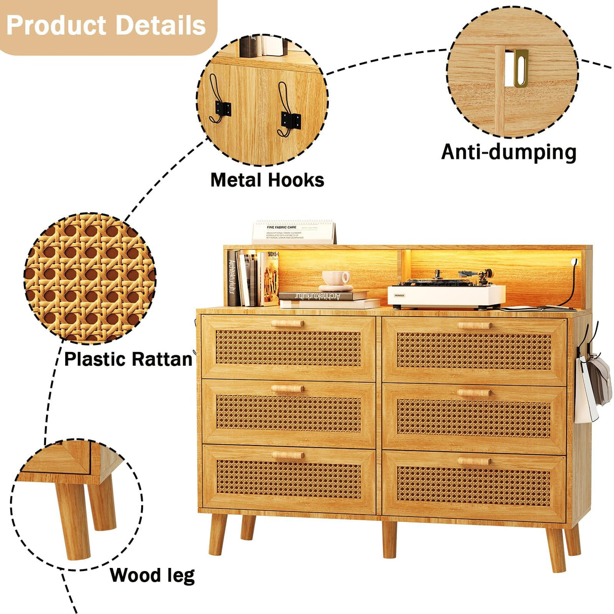 Dresser for Bedroom, 6 Drawer Boho Dresser with LED Light, Rattan Chest of Dressers, Modern Wood Dresser Chest, BesideTable for closet,Storage Organizer Cabinet for Hallway Entryway LivingRoom Natural Hiwelldas